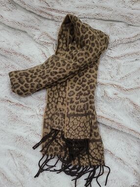 Merona Leopard Print Fringe Scarf in Tan and Brown